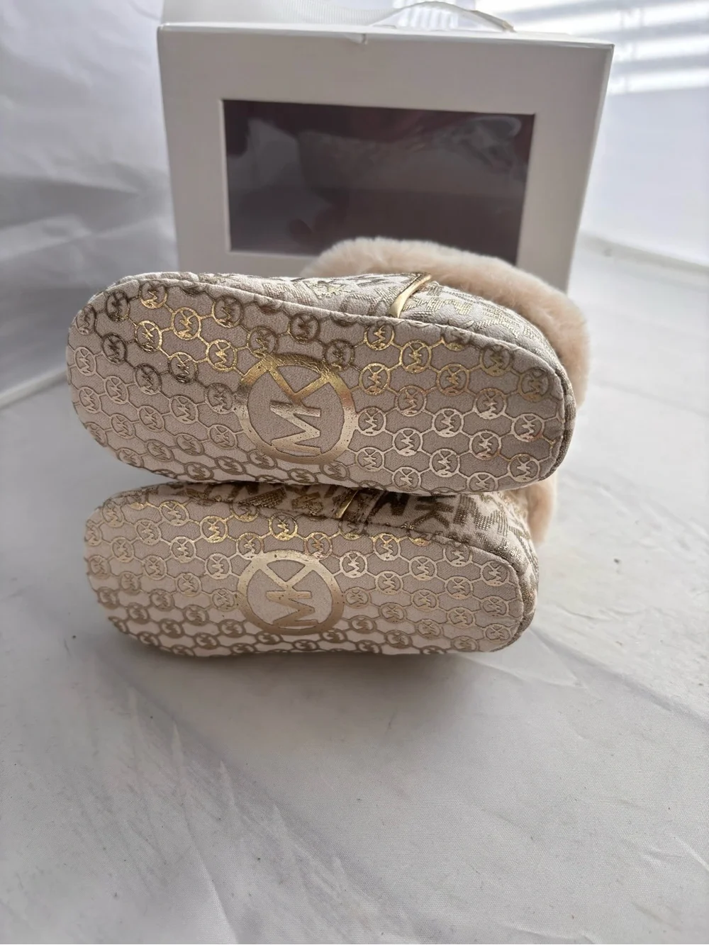 Michael Kors Baby Faux-Fur Trim Gold Logo Booties - Size 3